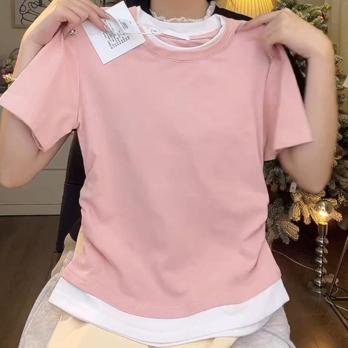 

Лето 2025 абрикосовый переднее плечо круглый вырез имитация двойки короткий плиссированный дизайн футболка с коротким рукавом женский асимметричный топ S розовый