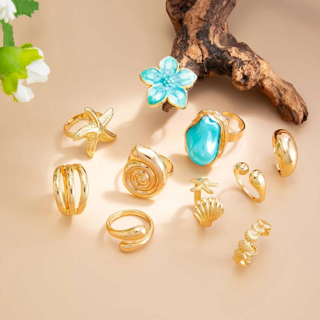 SHIXIN 10Pcs/Set Boho Beach Style Blue Flower Starfish Knuckle Ring Women Vintage Gold Color Irregular Open Joint Ring Jewelry