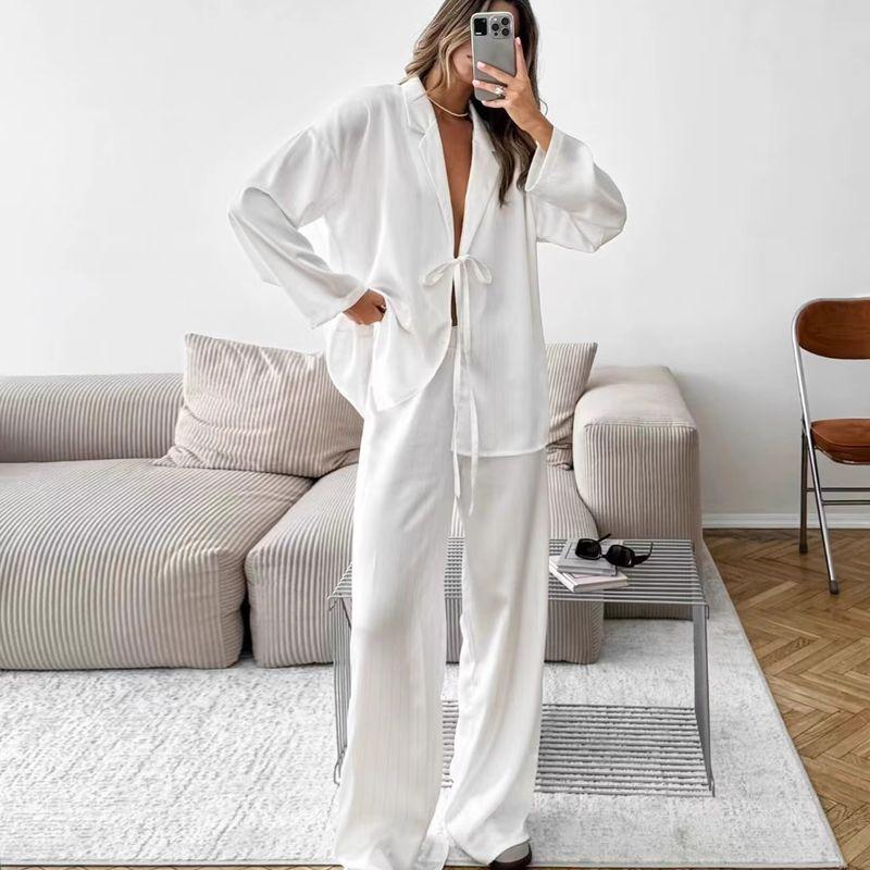 

Fashion Loose Bronzing Shoelace Top and Trousers Suit Loose Lace up Top and Pants Set White (without lining) L