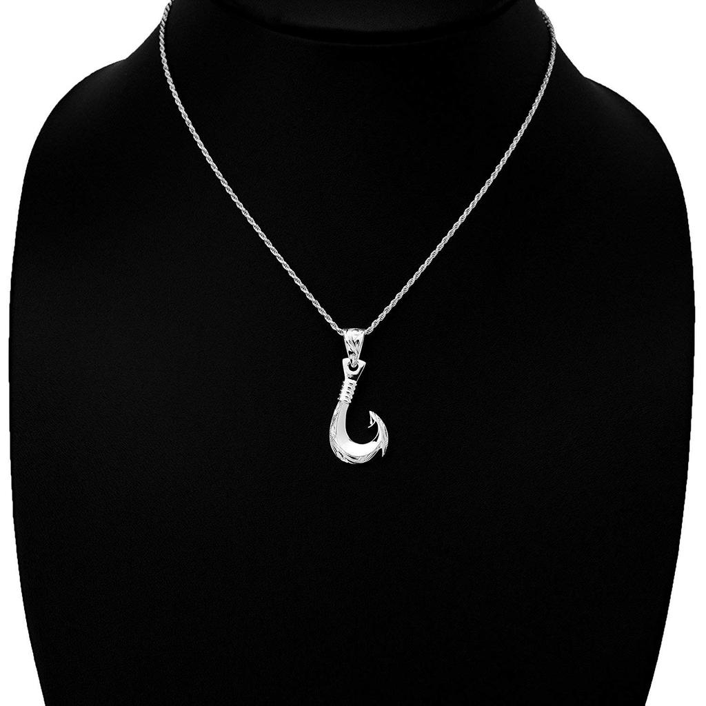 Leilani Hawaiian Fish Hook Pendant Necklace for Men, 925 Sterling Silver with Scroll Engraving and 45cm Rope Chain