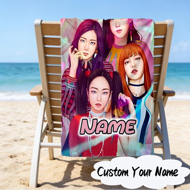 Custom Name Neon Kpop BP Microfiber Beach Towel Super Soft & Absorbent for Bath, Beach, Travel Bath Time Accessory, Fan Gifts