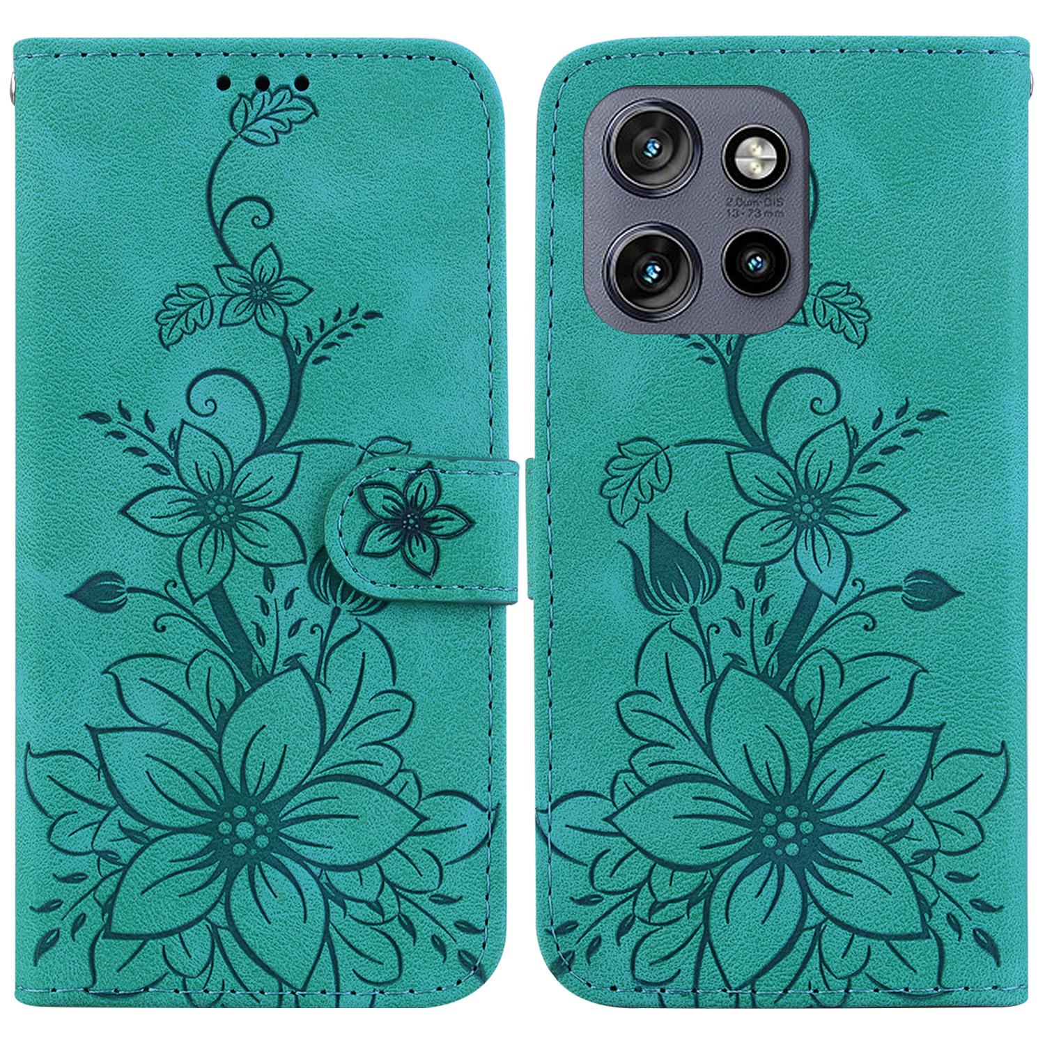 

For Motorola Edge 50 Neo 5G/Moto S50 5G/Thinkphone 25 5G Case Lily Flower Imprint Leather Phone Cover with Stand Green
