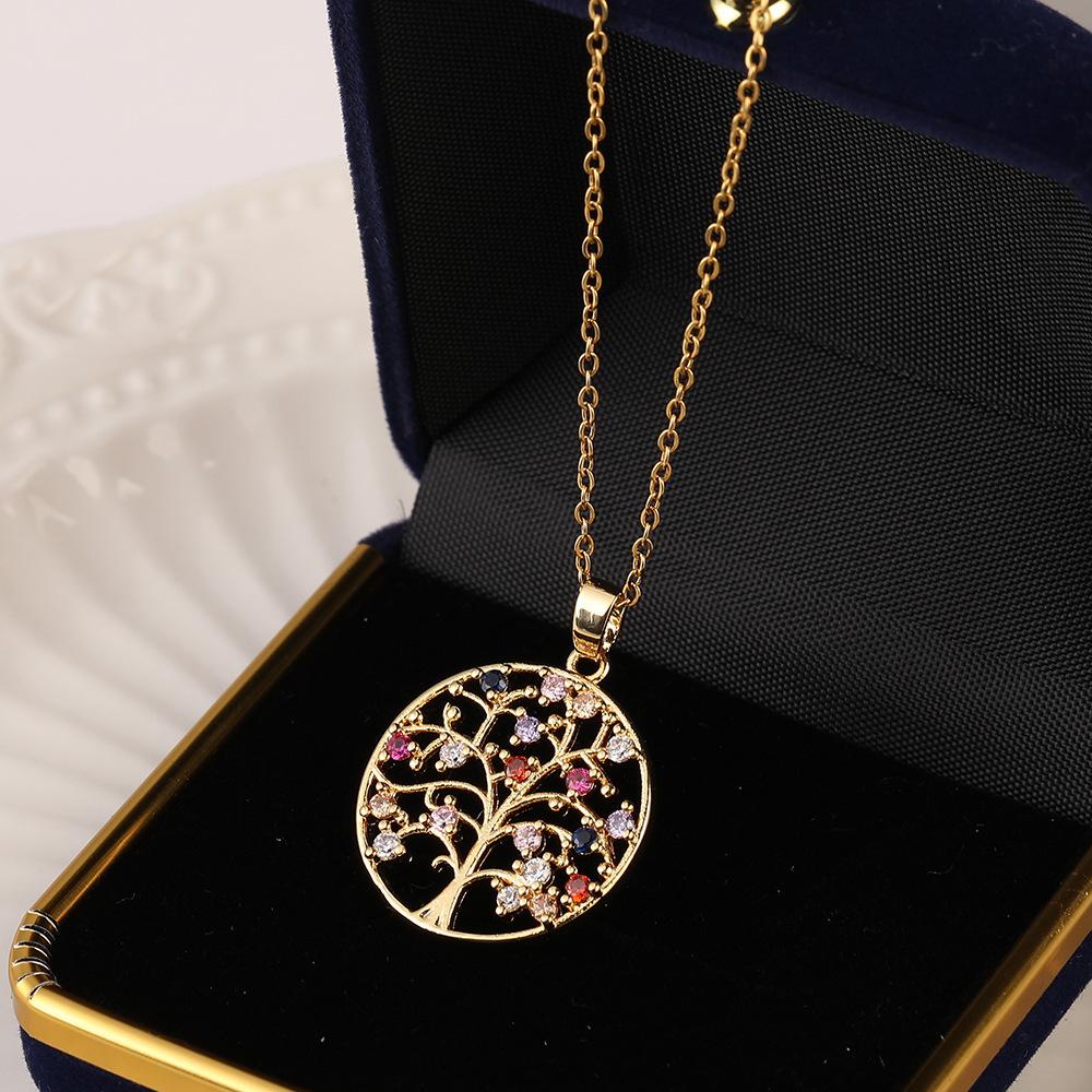 Colorful Zircon Hollow Heart Shape Tree of Life Pendant Necklace with Tassel Design Women's Jewelry