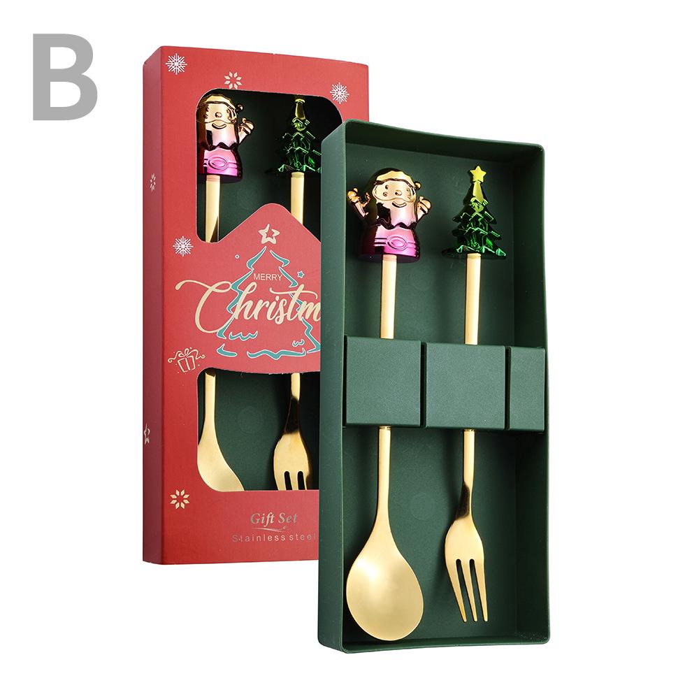 Cartoon Santa Claus Christmas Tree Coffee Dessert Spoon & Fork Gift Set