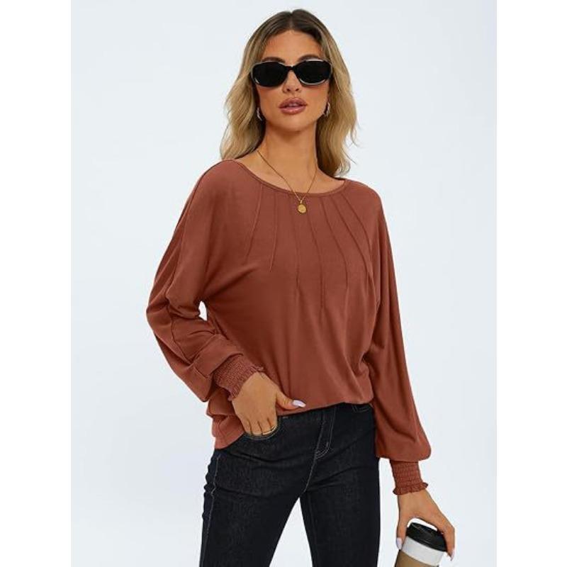Autumn and Winter Women's Blouse Round Neck Pleated Long Sleeve Casual Tops