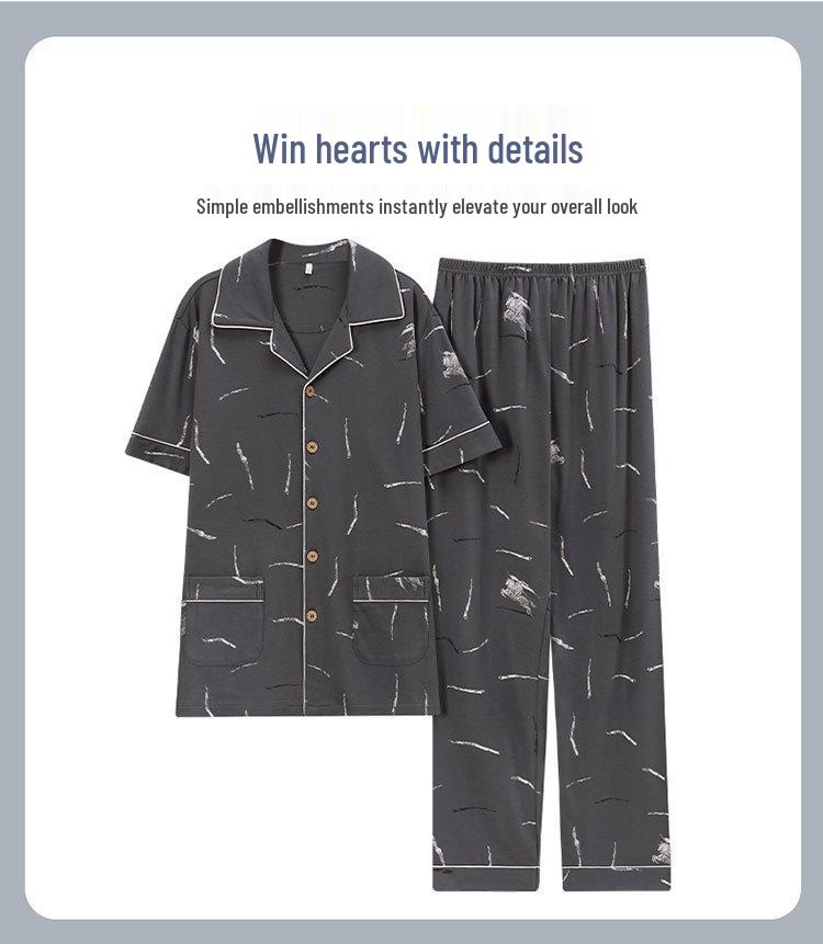 Men's Summer Cotton Pajama Set: Short Sleeve, Long Pants, Plus Size, Loose, Casual, Thin Cardigan Homewear.