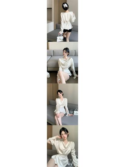 High-End Lace-up Satin Shirt: Autumn/Winter Waist-Cinching, Flowing Collar Design