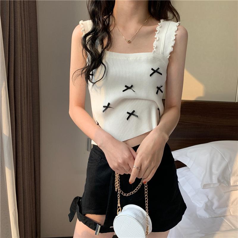 Summer New Women's Wear Korean Version of Wooden Ear Edge Bow Knit Elastic Vest with Halter Top