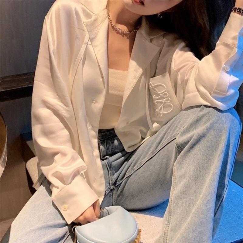 Spring Summer Women's High-End Satin Sheen Embroidered Shirt Blouse Cardigan Luxurious Top