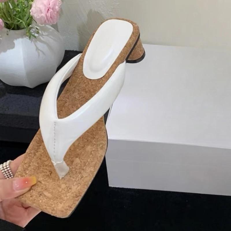 High Heels Women Slippers Square Toe Clip Toe Sandals Summer Shoes 2025 New Chunky Dress Pumps Casual Flip Flops Woman Slides