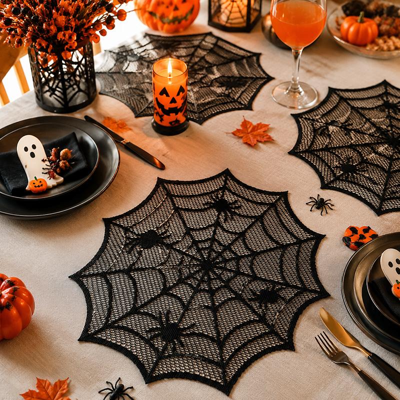 Spider Web Black Lace Tablecloth Halloween Table Cloth Decorative Placemat Cosplay Spider Silk Party Table Ornament