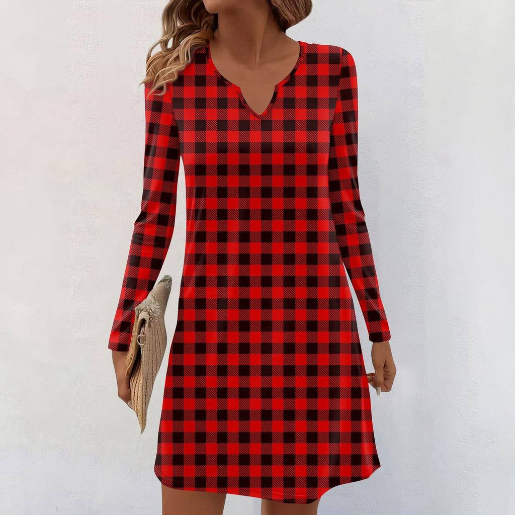 Women's Long-sleeved Casual Midi Dresses V-Neck Print  Casual Dress