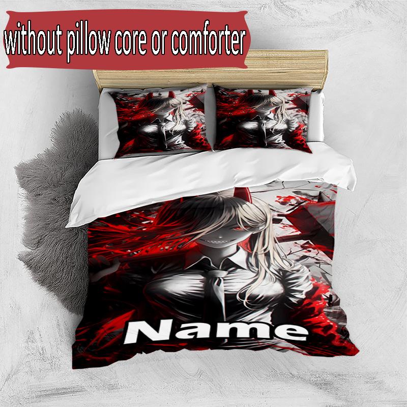 3pcs Duvet Cover Set (1*Duvet Cover + 2*Pillowcase, Without Core), Custom Name Makima Chainsaw Man Pattern Bedding Set, Home Bedroom Decor Gift