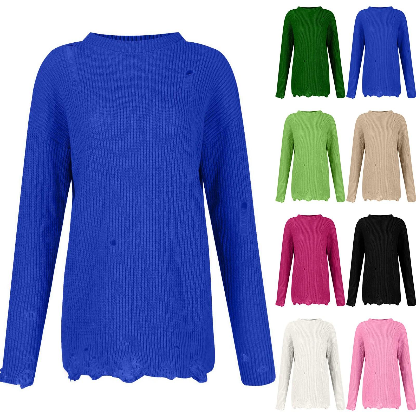 

Women s Solid Color Round Neck Long Sleeve Hem Ripped Loose Knit Pullover Sweater