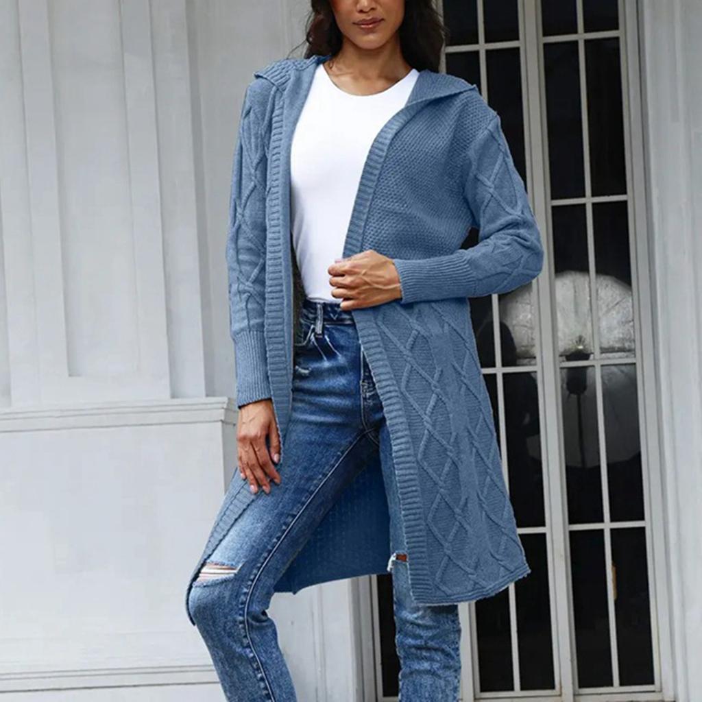 Women's Loose Knitted Mid-length Hooded Cardigan Cable Coat
