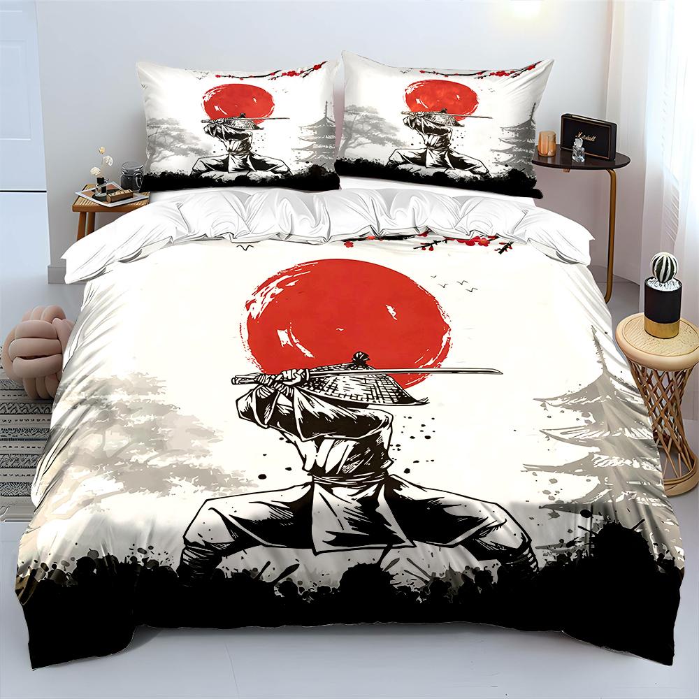 Samurai wielding sword, red sun background Bedding Set for Kids Luxury Gift 3pcs Digital Print Comforter Set Soft Comfortable 135x200cm