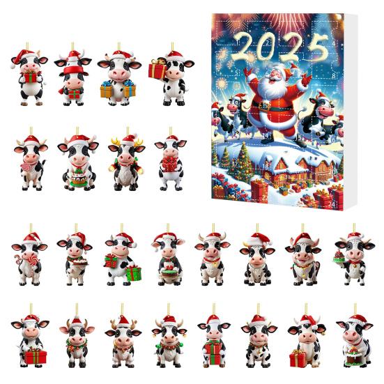 Kraví adventní kalendář 2025 24 dní odpočítávací kalendář do Vánoc s 2D akrylovými závěsnými ozdobami skotské vysočinské krávy Roztomilý kraví přívěsek na vánoční stromeček