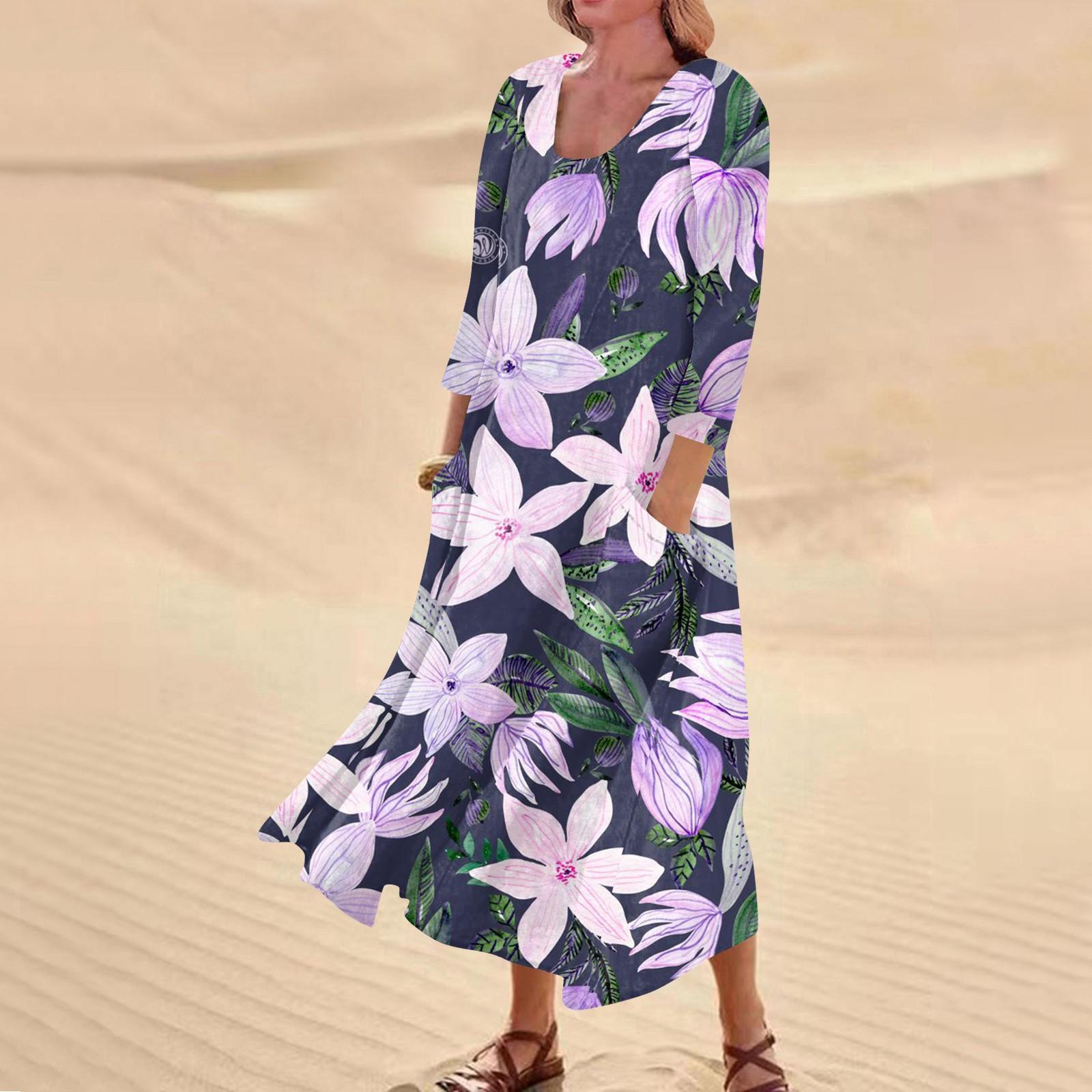 

Женское повседневное удобное хлопковое карманное платье с цветочным принтом и рукавами три четверти XXXXXL розовый