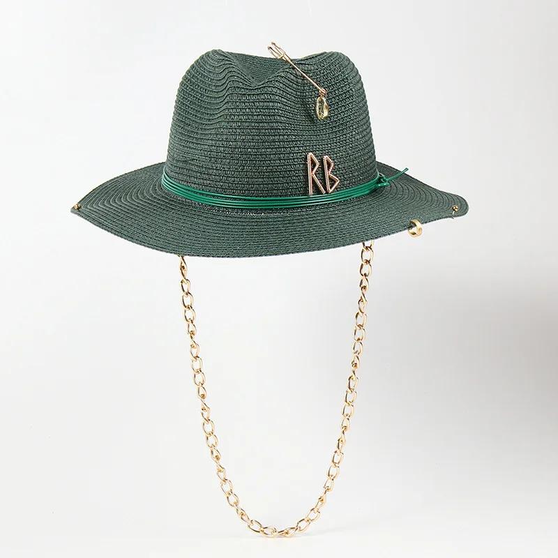 Chain Letter Jazz Hat - Fashionable Foldable Straw Sun Hat For Beach, Outdoor Summer Boho Visor With Adjustable Chin Strap