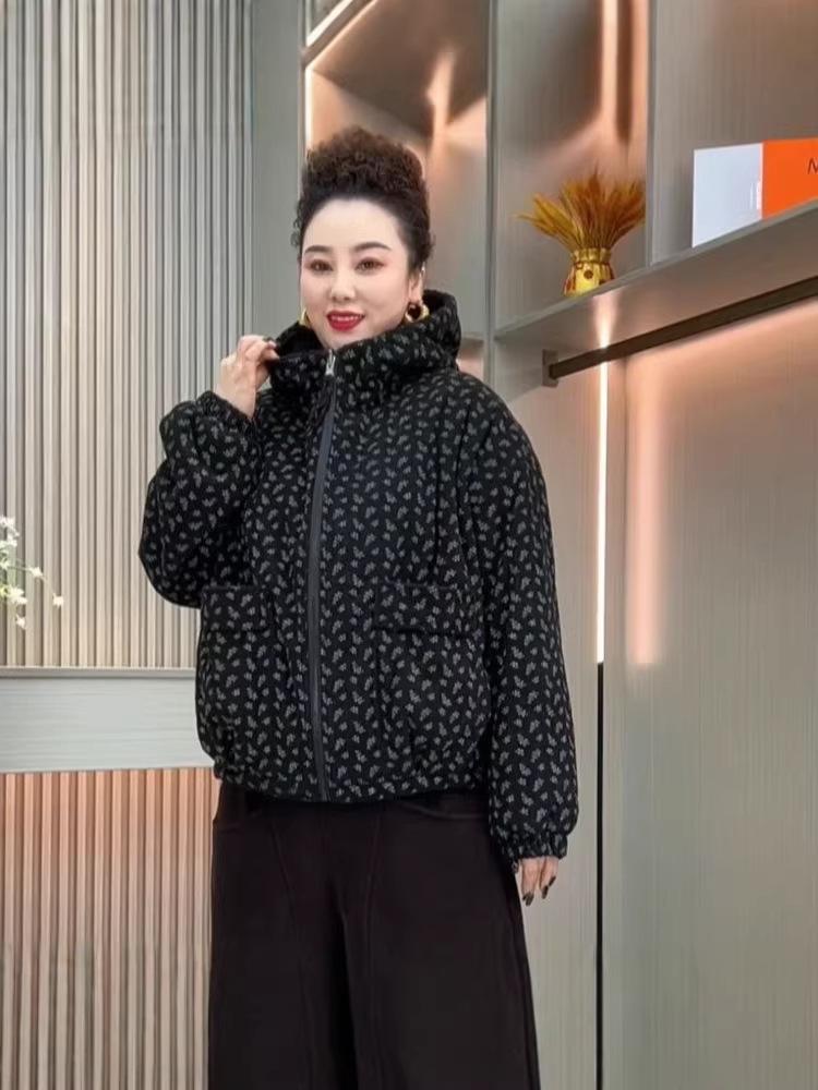 Stylish Floral Print Corduroy Hooded Coat with Velvet Lining and Large Pockets for Middle-Aged and Elderly Women