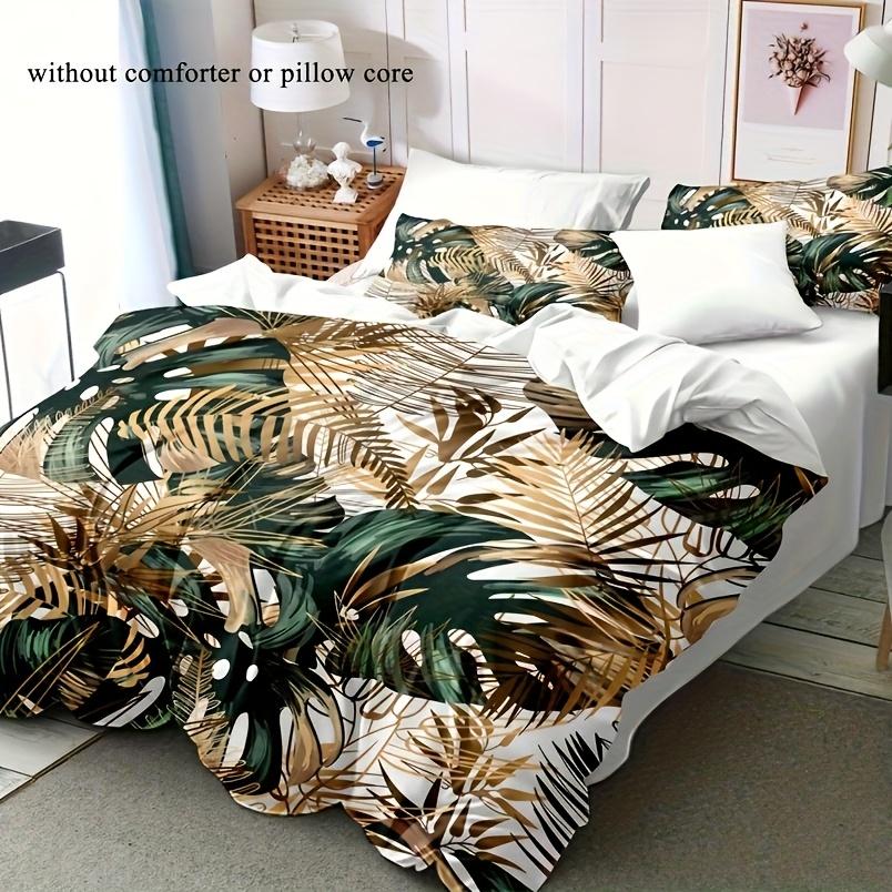 Golden Green Palm Leaf Print 2/3pcs Duvet Cover Set - 100% Polyester, Machine Washable, All-Season Comfort and Soft Bedding Set