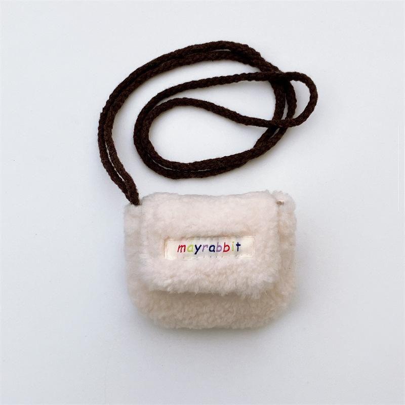 

White Square Earphone Bluetooth Holder Bag with Hanging Rope Cute Soft Plush Small Coin Money Pouch Cards Protection Storage Bag