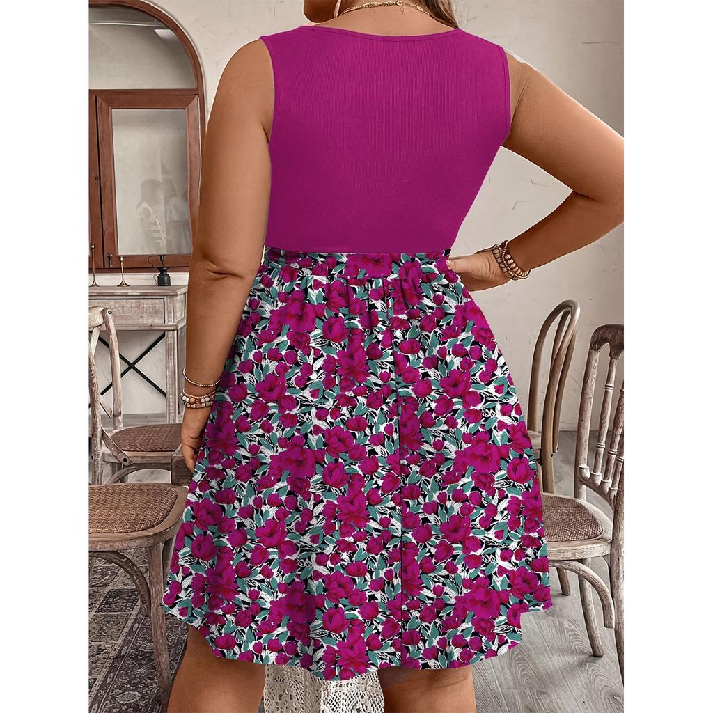 Damen Modisches Lässiges Farbblockiertes Bedrucktes Ärmelloses Taillenkleid in Großer Größe