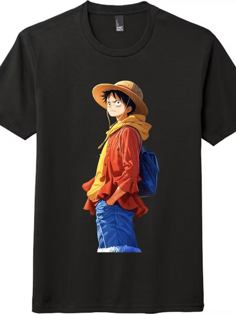 Anime One Piece Luffy Cartoon Unisex Tee Casual T-Shirt Mens Womens Tees Top - Black and White