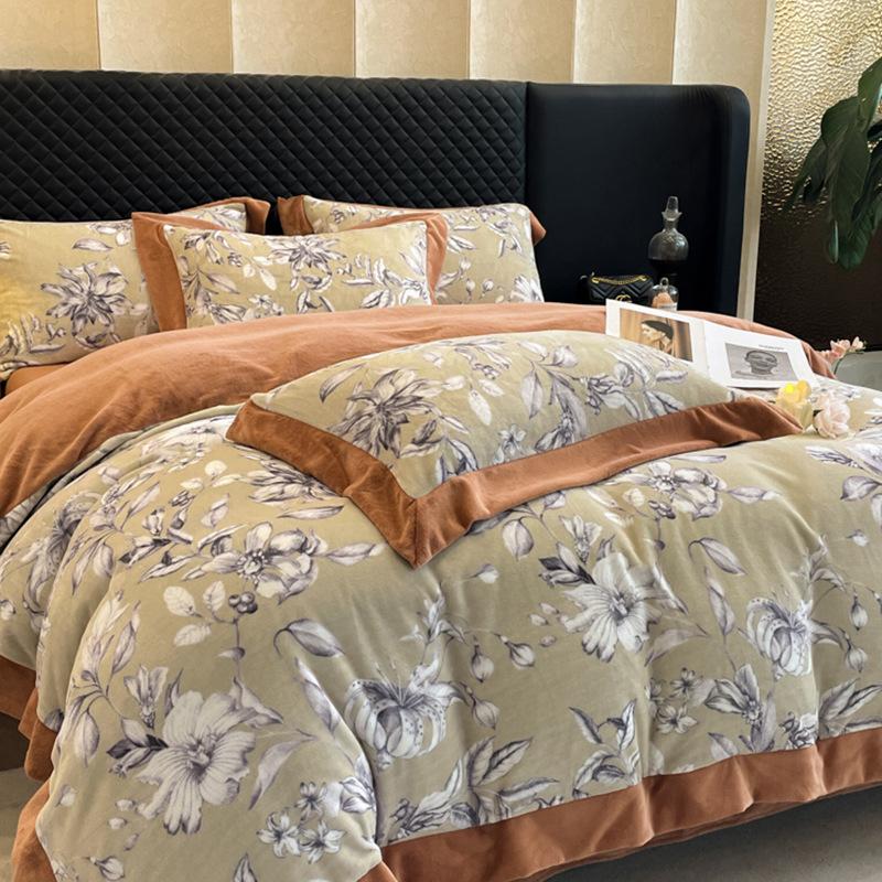 Thickened Milk Fleece Light Luxury Wide-Edge French Printing Four-Piece Double-Sided Fleece Flannel Fleece Bedding