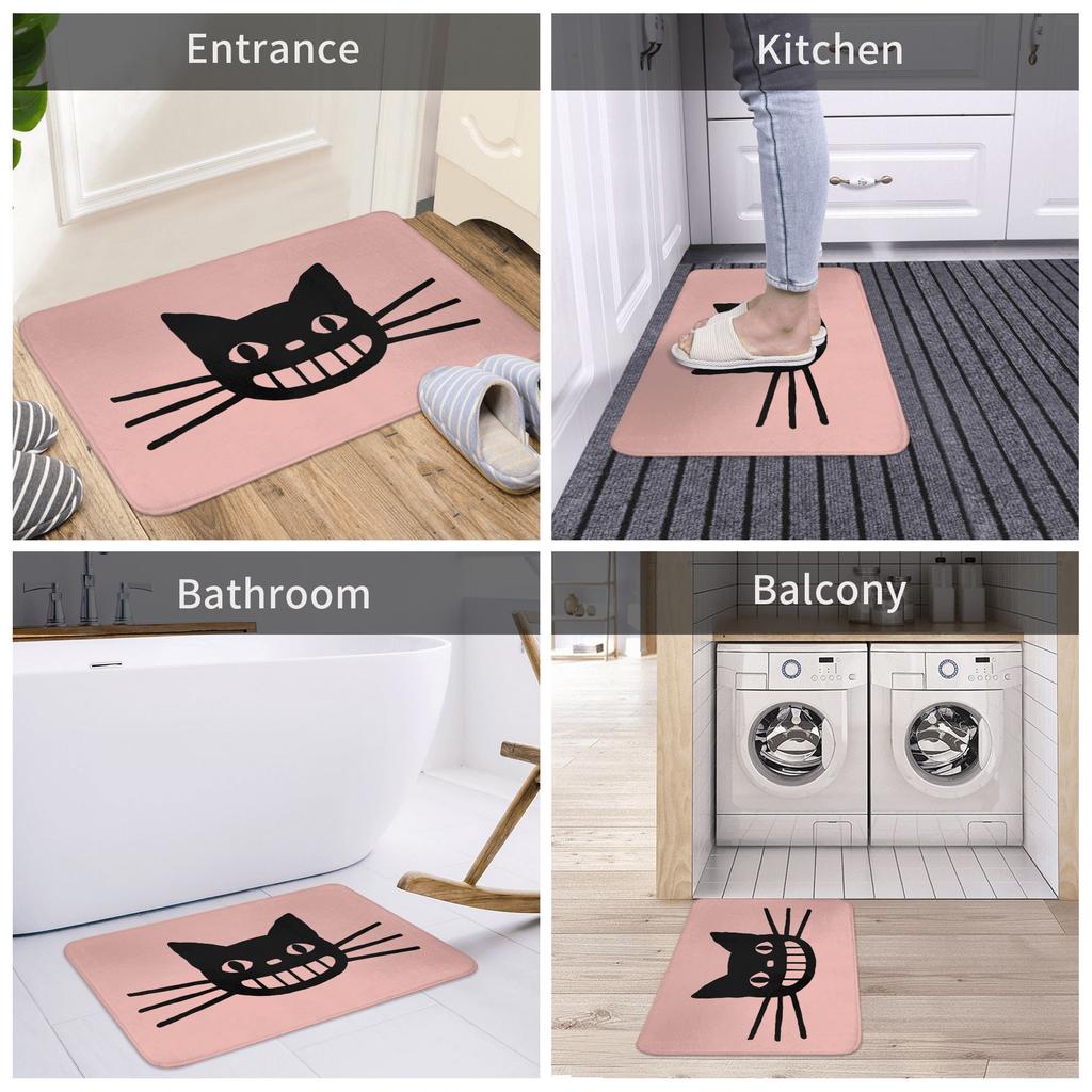 Smiling Black Cat Doormat Non-Slip Entrance Kitchen Bathroom Door Floor Mat Living Room Carpet Rug