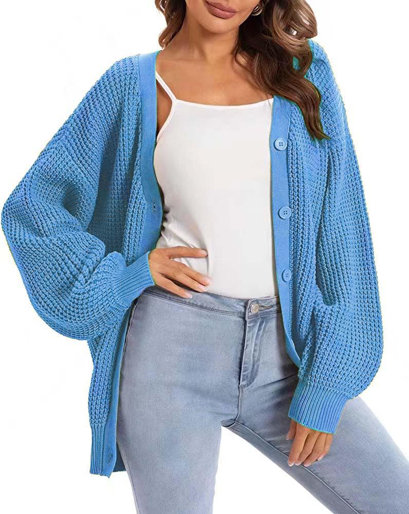 Women's V-Neck Lantern Sleeve Knitted Cardigan Sweater Coat - Single-Breasted Lazy Style