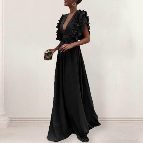 Women Prom Dress Flying Sleeve Ruffles Low-cut Deep V Neck Pleated Dress Up