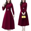 Dignified Solid Color Polo Collar A-line Dress - Women's Long Sleeve, Waist-Cinched Mother's Wear for Spring & Autumn