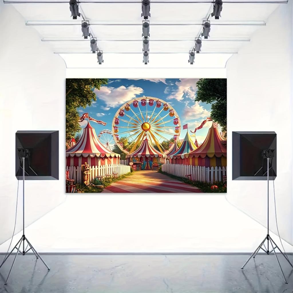 Ein Foto-Hintergrundbanner mit Zirkus-Karnevals-Muster, 2D-flaches festliches Wandtuch für die Geburtstagsparty