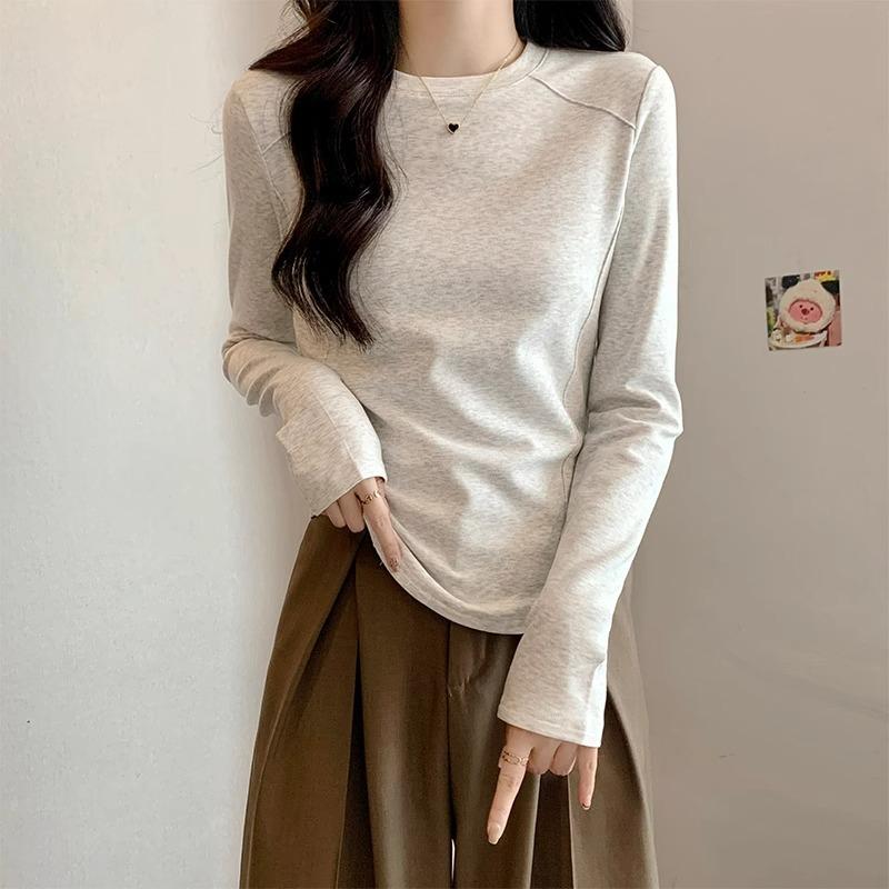 

Круглый вырез, правое плечо, неровный подол рубашки, женская футболка, осень-зима плюс бархат, теплая елочка, внутренний топ с длинными рукавами 2XL