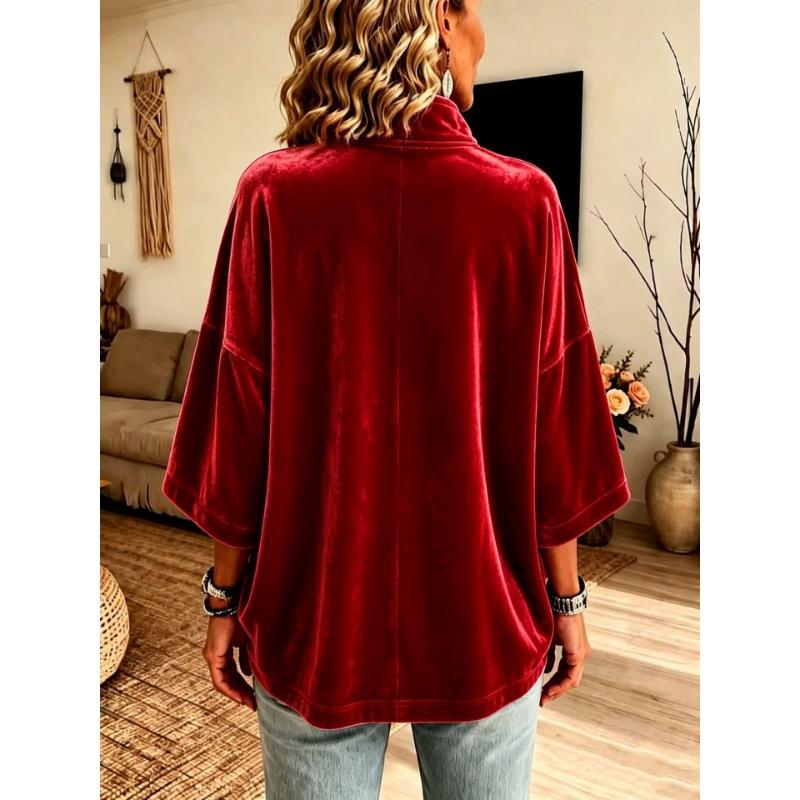 Women Velvet Top V Neck Long Sleeve Loose Fit Soft Fabric