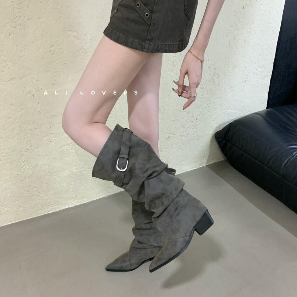 ALILOVERS European and American style temperament pointed pile boots women's autumn new sleeve thick heel knight boots