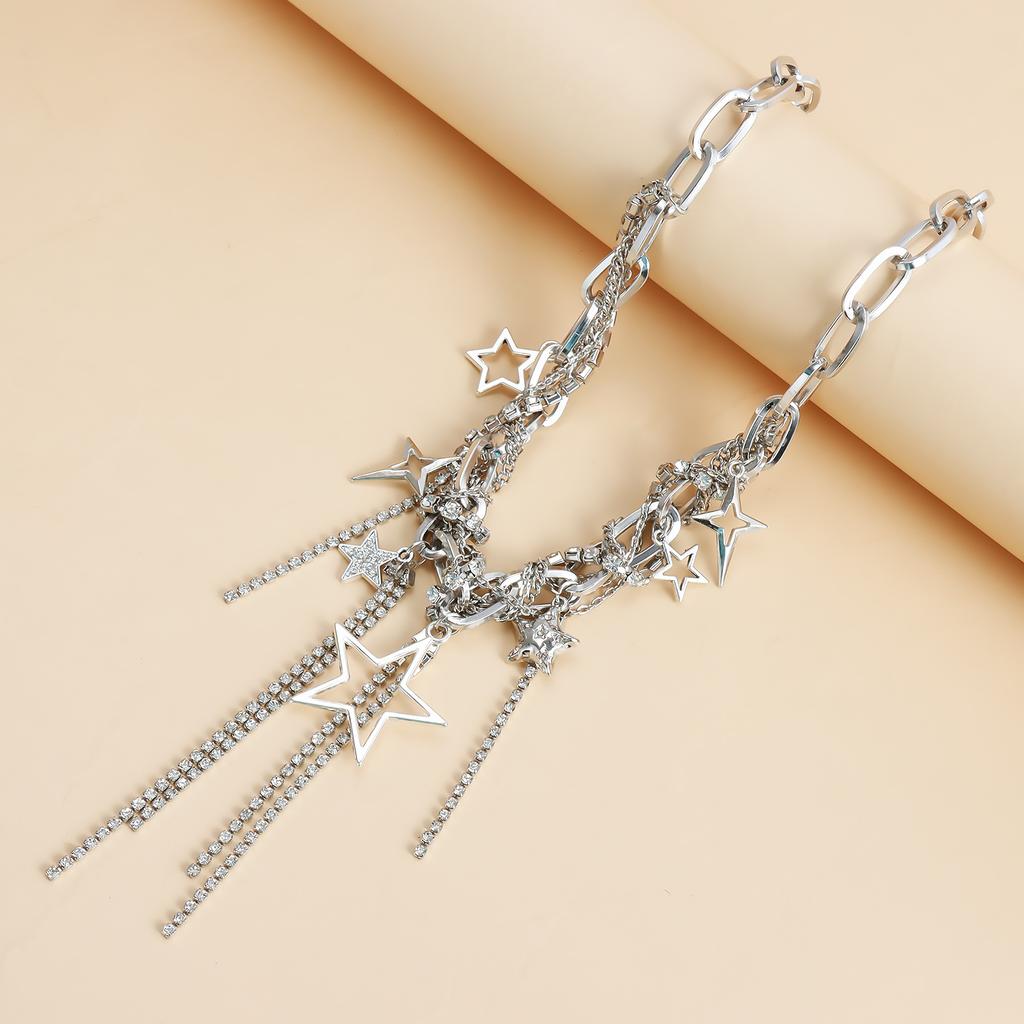 Multilayer Vintage Star Rhinestone Tassel Pendant Necklace Y2K Choker Chain Jewelry Accessories