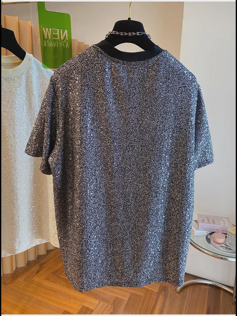 Camiseta Chic de Lentejuelas de Seda para Hombre 2024 - Diseño Europeo de Manga Corta y Corte Holgado