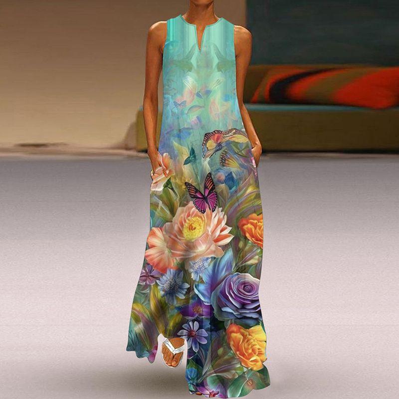 Fashion Plus Size Fancy Dress 3D Print Fashion V Neck Pocket Long Dress Large Swing Sexy Sleeveless Beach Dress