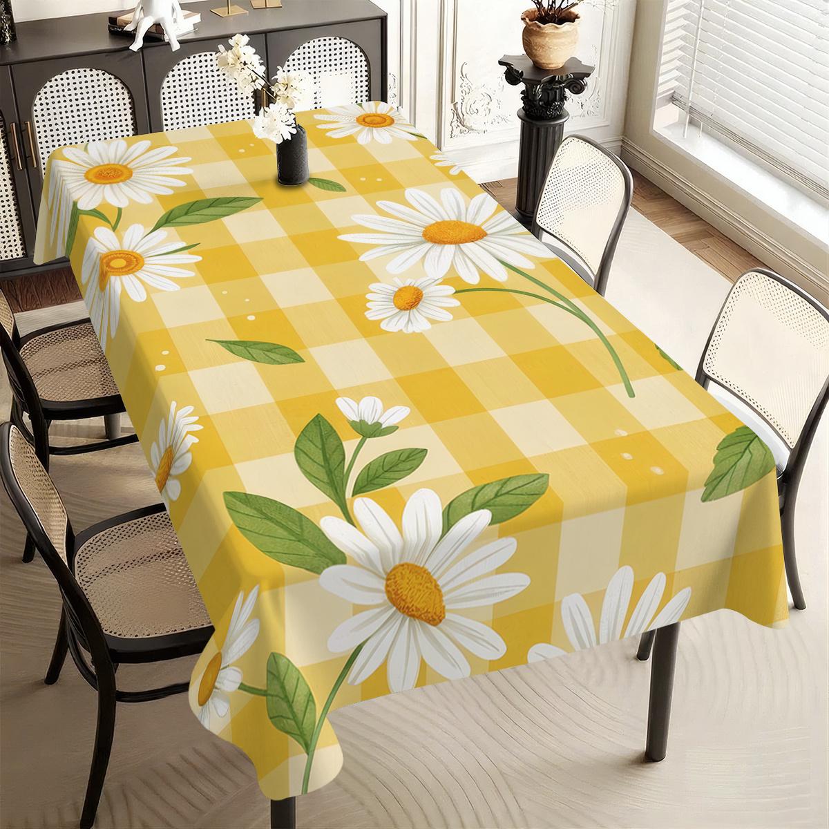 Nappe Imprimée Feuilles de Marguerite Blanche pour Décoration de Table Lavable Carreaux Jaunes Nappe pour Table de Cuisine Salle à Manger Décorations de Mariage Fête 140x140cm
