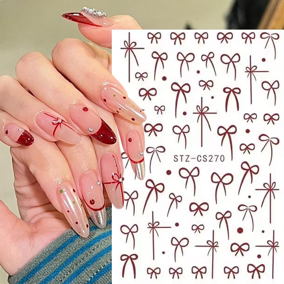 Nail Sticker Wine Red Bow Tie Line Feather Nail Enhancement Back Glue Nail Jewelry Nail