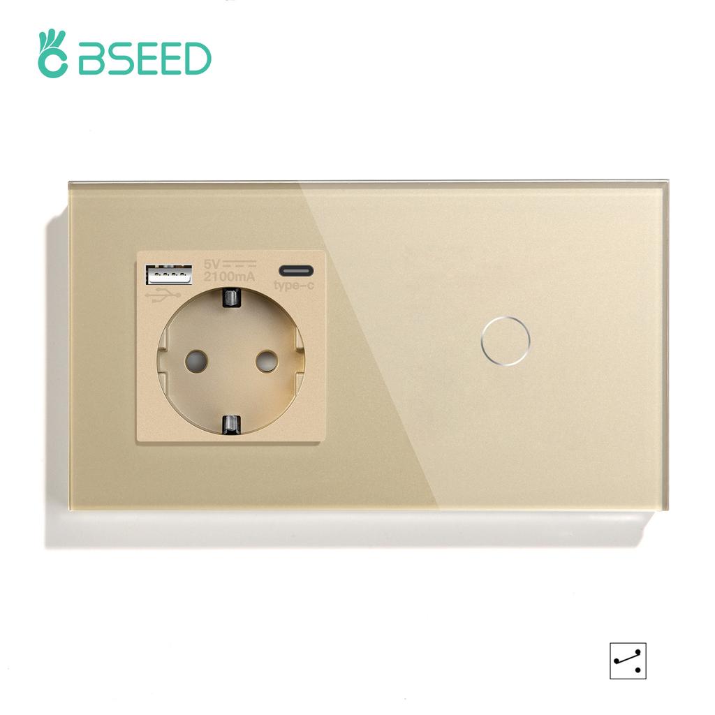 BSEED 1/2/3Gang Touch Light Switches 1/2/3Way Pass Through For Stairs Plus Wall Power Sockets USB Type-c Ports 2.1A EU Standard