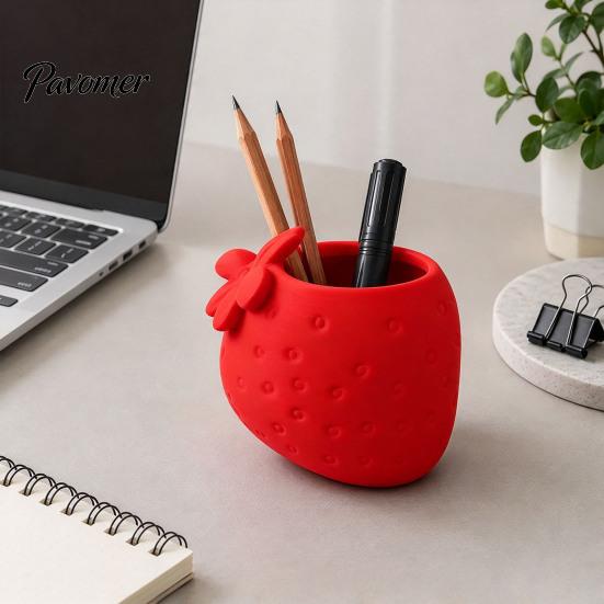 PLA Aesthetic Desk Accessories 3D Printed Strawberry Pen Holder, Creative Desktop Organizer for Pencils and Makeup Realistic Fruit Shaped Storage