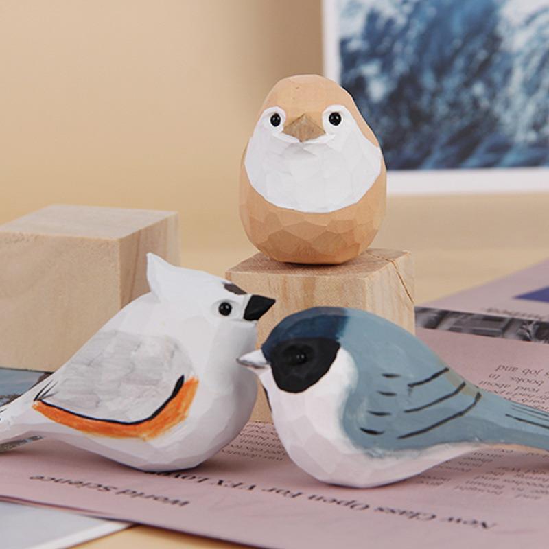 Cute Wood Carving Bird Handmade Mini Small Bird Ornament Carving Nordic-Style Wooden Bird Figurine Children'S Toys
