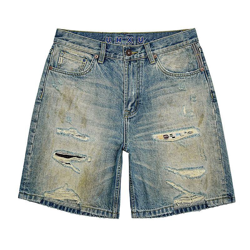 New Retro Ripped Denim Shorts Men's Summer Thin Five-point Pants Casual Mid-sized Pants