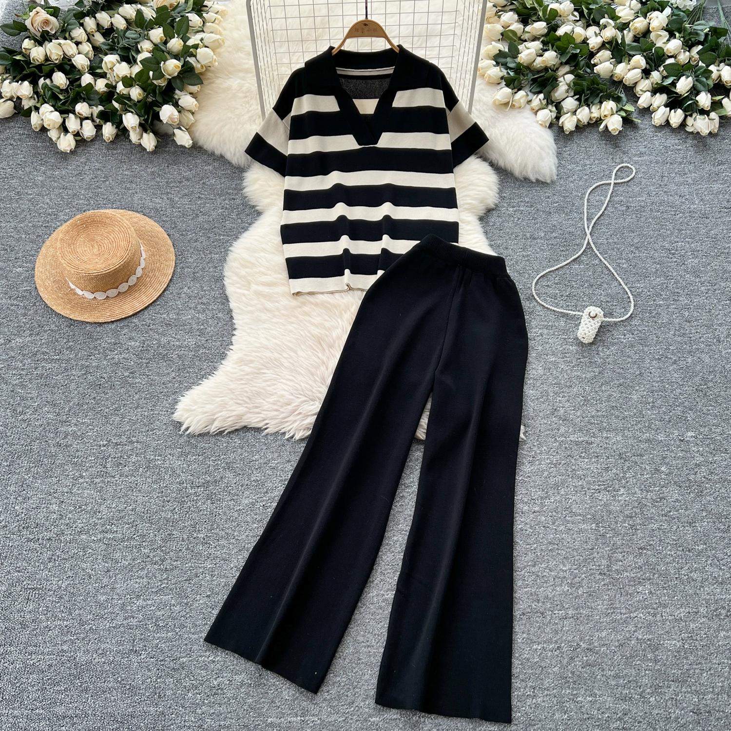 

Літній жіночий в’язаний светр у смужку, комплект із двох частин, жіночий пуловер з коміром-поло та спортивний костюм із штанами до щиколотки One Size чорний
