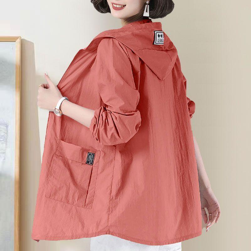 Camisa feminina de manga comprida com capuz e zíper, seção fina de sete cores, tamanho grande, primavera e verão