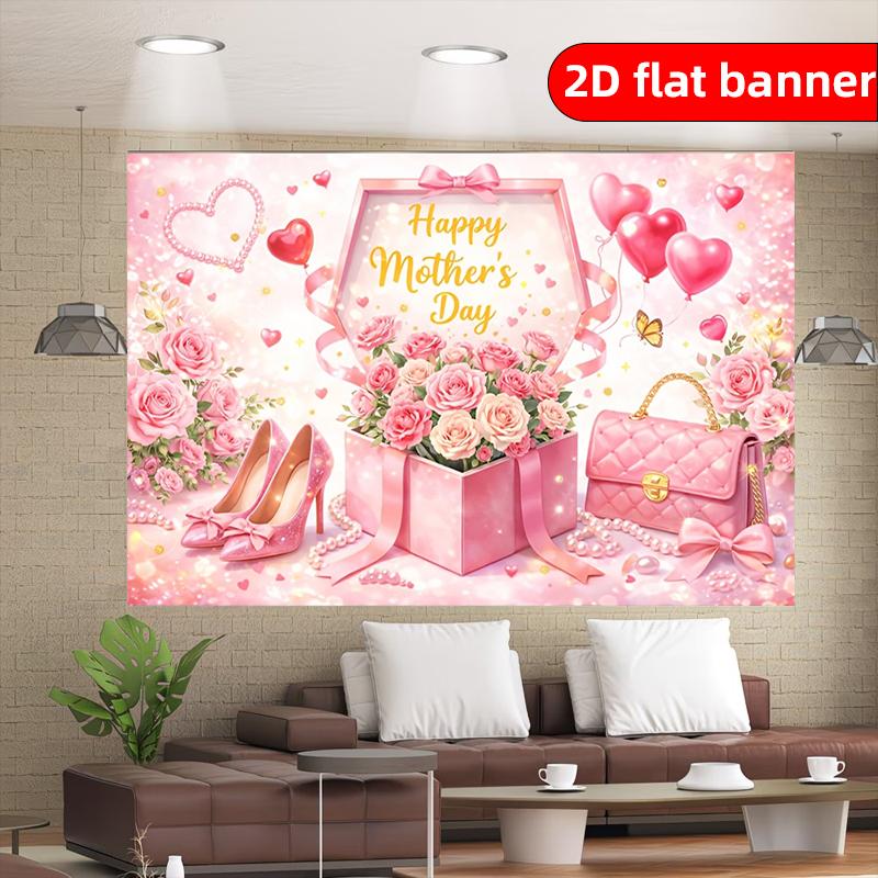 2D flat Mother's Day party decoration banner background fabric elegant pink rose bouquet with heart-shaped balloons and various