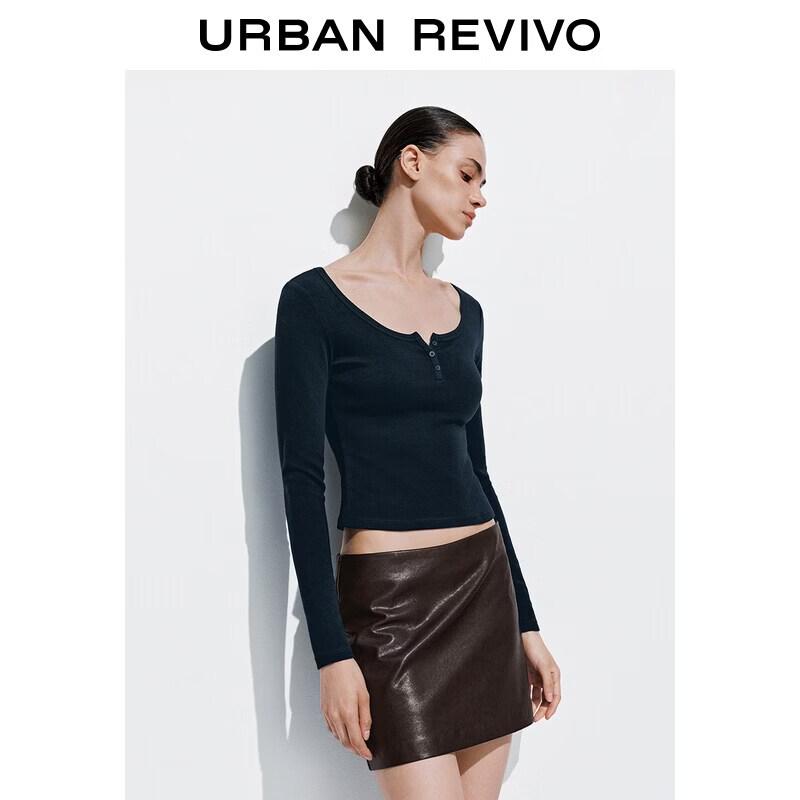 UR Women's Crew Neck Long Sleeve Button-Up Basic T-Shirt